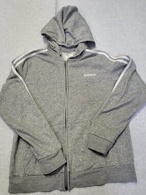 Adidas Hoodie Boy's Large Gray Full Zip White Strips Sweatshirt Gym